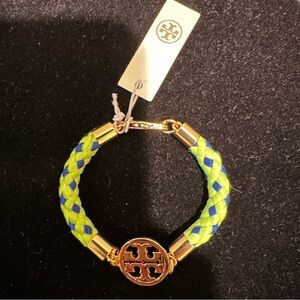 Tory Burch Neon Yellow & Electric Blue Braided Logo Bracelet with Gold Medallion